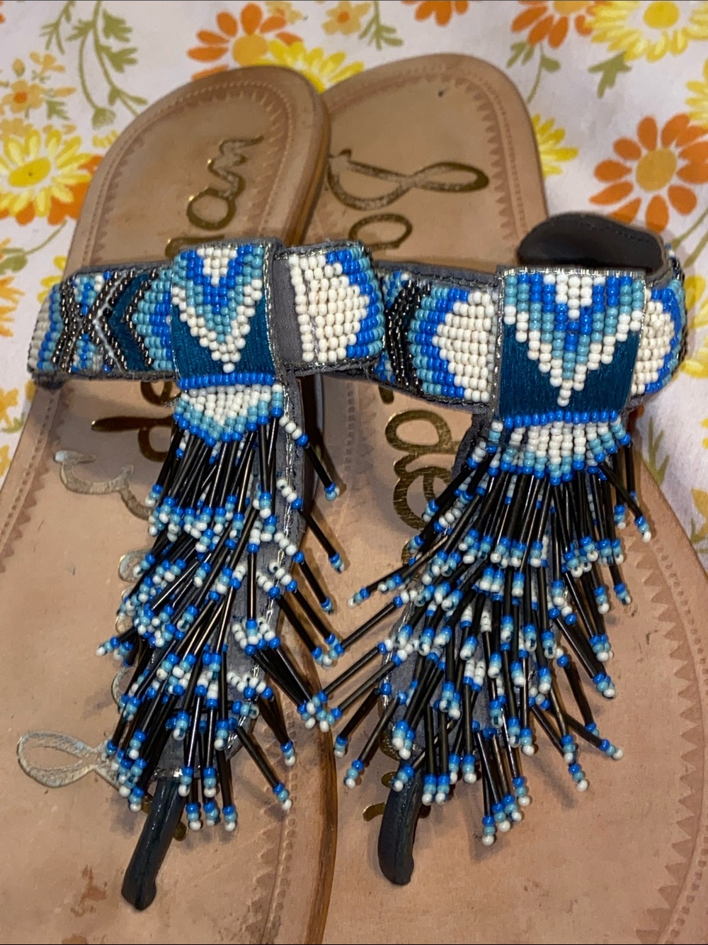 BLUE TRIBAL BEAD FLIP FLOPS SANDALS Sam Edelman Fringe Tassel BOHO Festival